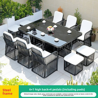 Ensemble de mobilier d'extérieur moderne en acier de la marque Source Factory, avec chaise de loisirs en plastique tressé, coussin, table de patio et pavillon 5 pièces
