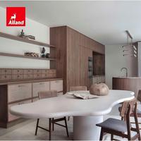 Armoire de cuisine moderne en cannage artisanal Alland, style minimaliste scandinave en noyer avec îlot ovale