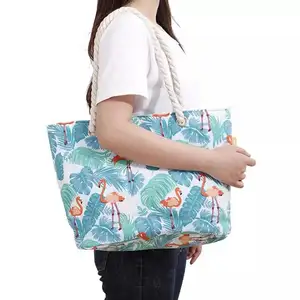 Customized Print Colorful Flamingo Casual Bag Canvas Easy Carry Beach Bag For Woman Unisex Female Single Shoulder Zipper Handbag