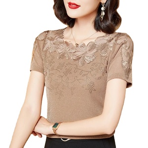 ยอดนิยมเสื้อแฟชั่นสบายๆแขนสั้นผู้หญิงเสื้อยืด 2024 ใหม่Basicเย็บปักถักร้อยตาข่ายร้อนเจาะผู้หญิงเสื้อยืด - Product Image 1