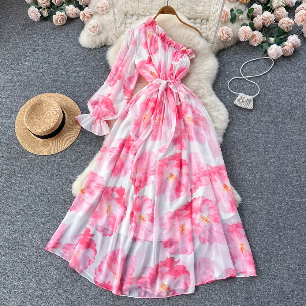 Fashion Floral Maxi Dress Women Summer One Shoulder Puff Sleeve Sun Beach Chiffon Dress Women 2023