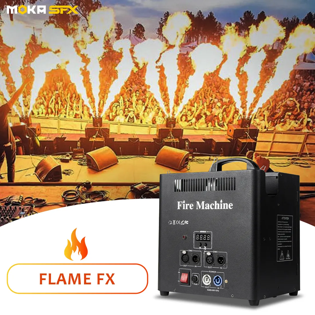 MOKA H-E03 Flame Machine Triple-Way Flame Projector Três Tiros 180W 6 DMX Canal para Stage Club Concert Party DJ