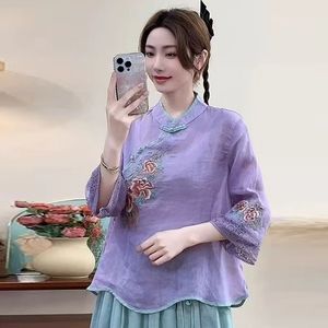 Traditional Chinese Embroidered Stand Collar Top Women Cotton Linen Summer Ethnic Style Three Quarter Sleeve Purple - Product Image 1