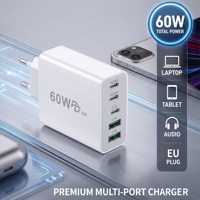 Chargeur mural HNT 60W PD3.0 à charge rapide, prise EU, 5 ports multiples, adaptateur secteur USB C 3C2A pour téléphones portables, tablettes, ordinateurs portables