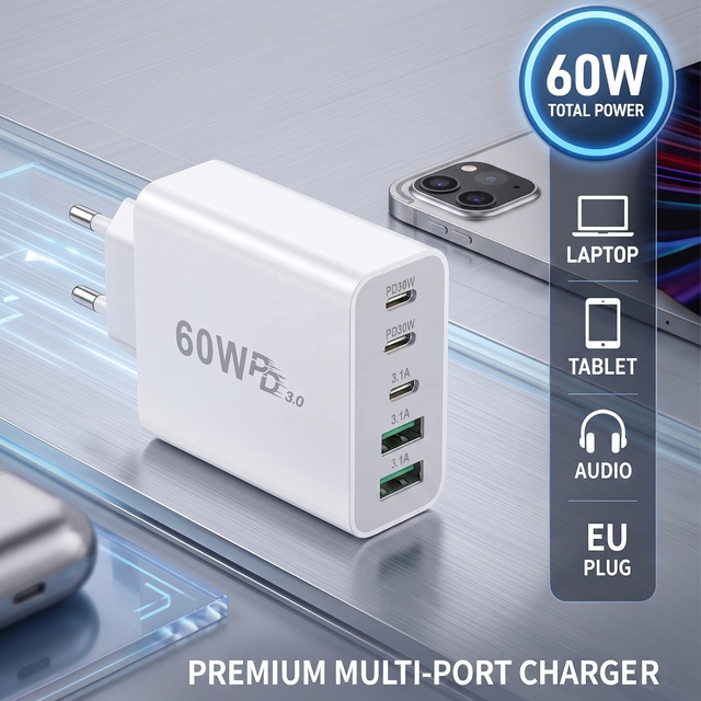 HNT 60W PD3.0 Fast Charging Wall Charger EU Plug 5-in-1 Multiple Ports 3C2A USB C Power Adapter for Mobile Phones Tablets Laptop