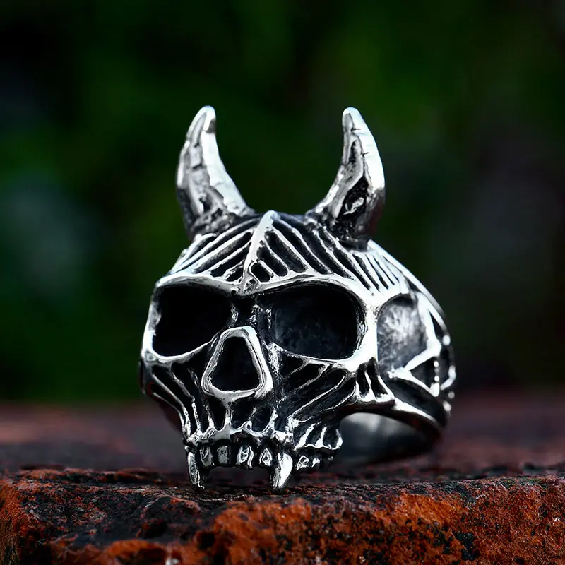 Non Fade Titanium Steel Cattle Horn Viking Ring Halloween Skull Rings Jewelry For Men