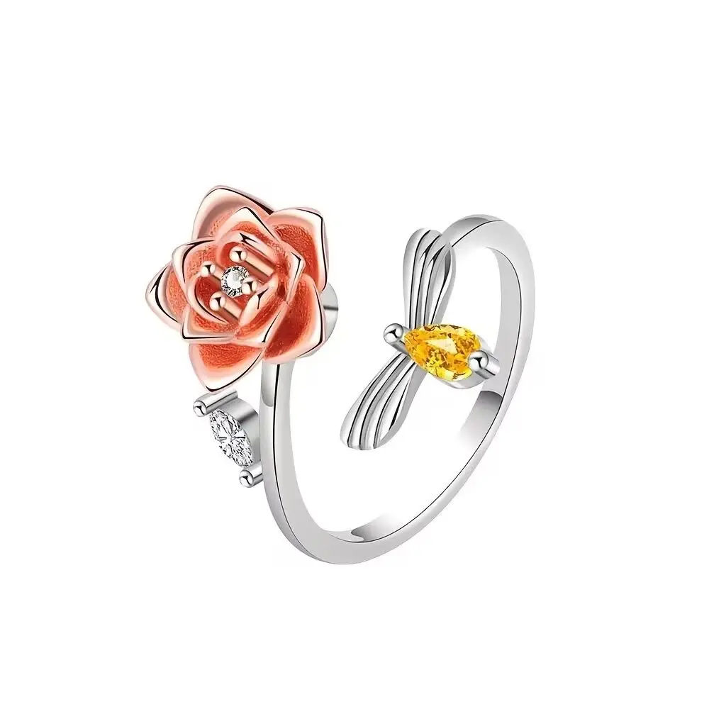 Wholesale two tone plated copper rose flower and bee spinner adjustable ring for women