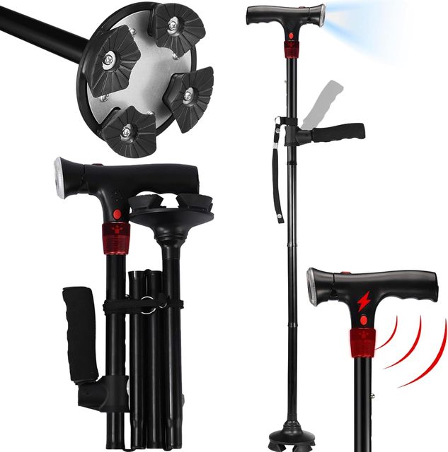 Smart Foldable Cane with LED Light Alarm & Side Handle - Lightweight Self-Standing Walking Stick for Seniors Safety