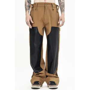 High Quality Men's Cargo Flair Men Leather Hem Zipper Retro Micro Flare Cargo Pants High Street Trend Straight PU Leather Pants