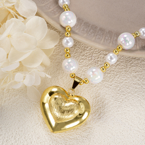 Customized Statement <b>Jewelry</b> 14k Gold Plated <b>Pearl</b> Double Heart Necklace Women - Product Image 3