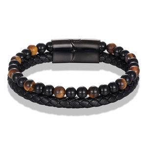 Black Braided Leather <b>Beaded</b> <b>Bracelet</b> For <b>Men</b> Natural Agate Stone Classic Adjustable Fashion Jewelry Gift - Product Image 4