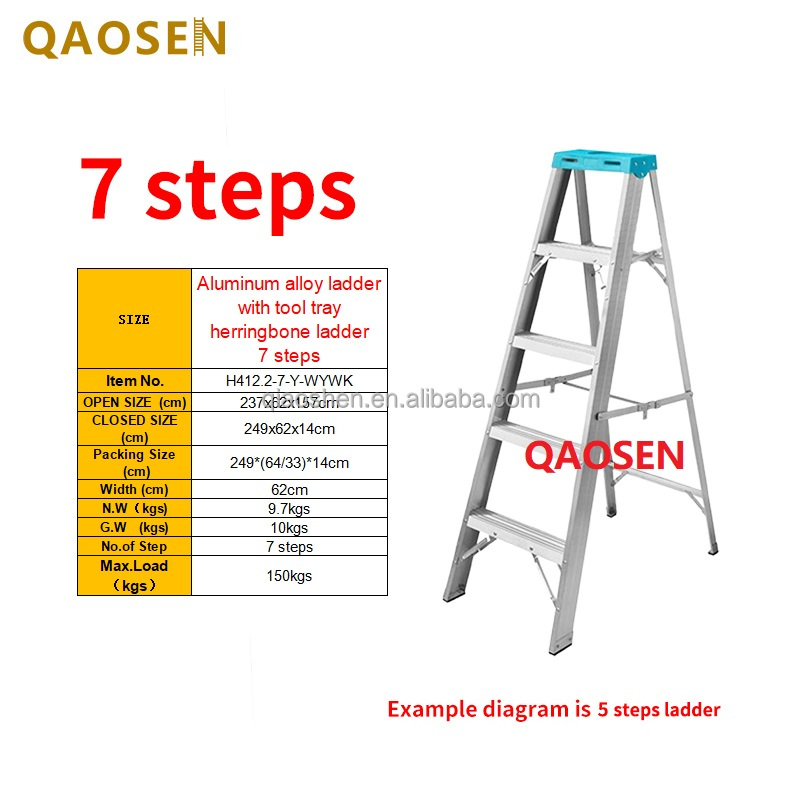 7 steps Aluminum ladder with tool tray herringbone ladder