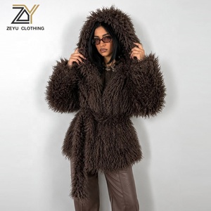 Zeyu Luxe Lange Krullende Kunstbontjas Dames Geruite Capuchon Winterjas Warme Groothandel Aangepaste Leverancier Eco Dames Kunstbontjassen - Product Image 1
