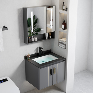 Mobile <span class=keywords><strong>Bagno</strong></span> Moderno per Hotel e Appartamenti, in Lega di Alluminio con Finitura Laccata, Lavabo Integrato in Ceramica, Armadietti Quadrati Intelligenti - Product Image 1