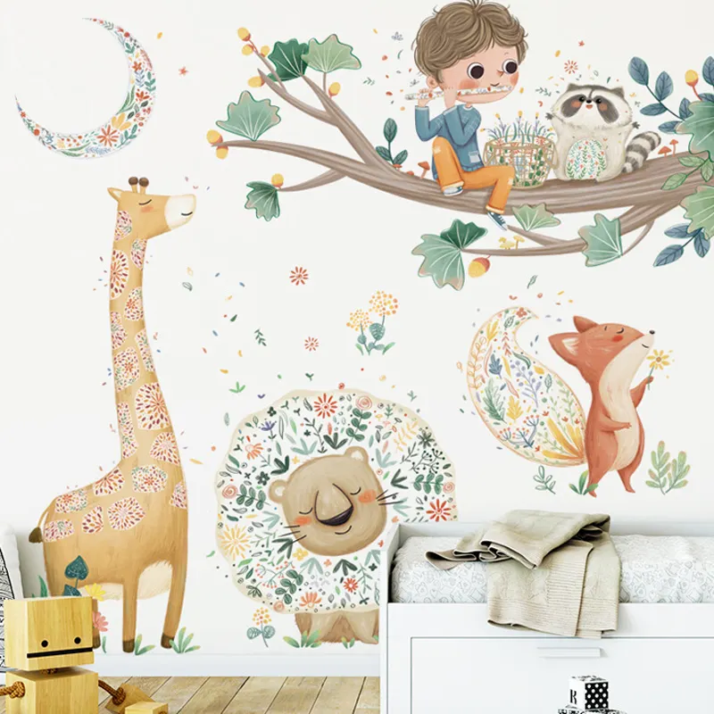baby room decor cartoon jungle animals tree wall paper decorative wall stickers