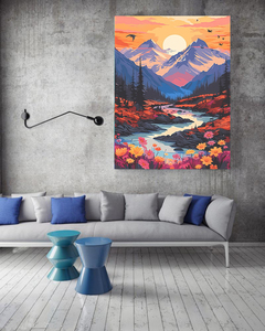Kit Pittura su Tela con Numeri: Paesaggio Naturale Moderno con Montagna, Fiume e Tramonto - Arte da Parete - Product Image 2