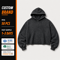 Hoodie Pria 350 GSM 100% Katun Fleece Ringan Oversize Crop Acid Washed Wash Blank Mockups Pullover untuk Gym Y2K Hoodies