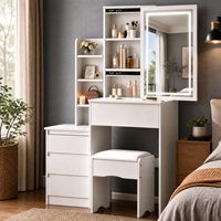 Table de maquillage avec miroir LED, 3 modes d'éclairage, luminosité réglable, 5 tiroirs, 3 étagères, moderne, blanc, MDF