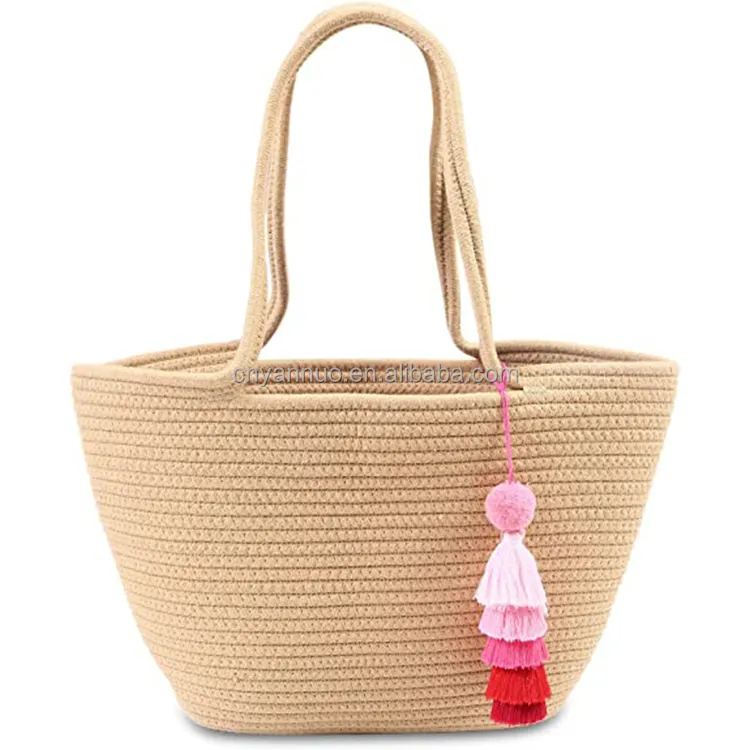 Custom 2022 Solid Color All-match Woven Bag Simplicity Cotton Rope Shopping Basket Mini Tote Handbags Straw Beach Bags
