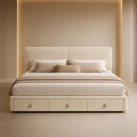 Cadre de lit plateforme rembourré en similicuir crème pour chambre à coucher King Queen