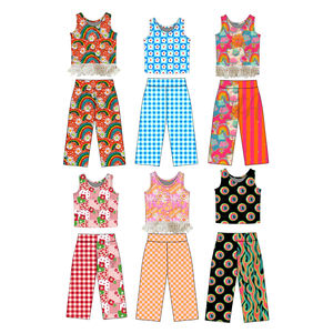 GSPO2295 Ensemble personnalisé pour petite fille active, imprimé fleurs à carreaux bleus, tenue pour enfants, vente en gros, ensemble à manches courtes pour fille - Product Image 1