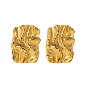 Hammered Chunky Vintage 18K Gold Plated Stud Earrings Minimalist Stainless Steel Irregular Geometric Square Earrings Women