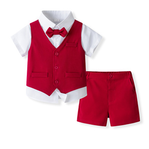 Catpapa – Ensemble 4 pièces pour garçons : Chemise à manches courtes, gilet uni, short et nœud papillon – Tenue de mariage pour page d'honneur – Vente en gros - Product Image 6