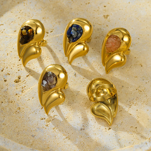 Bague à double rangée en acier inoxydable de style vintage, accessoires pour les mains, rétro, exagérée, incrustée de pierres naturelles - Product Image 2