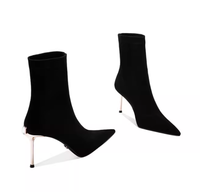 Sepatu Boots Wanita Hitam Bahan Stretch Model Sock, Ujung Runcing Hak Stiletto Tipis Elegan