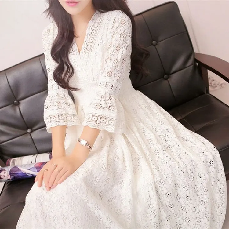 Everkaki — robe longue en dentelle blanche pour femmes, 2022, élégante, taille haute, style bohémien, tenue de plage, Vintage, robe de soirée, été, automne