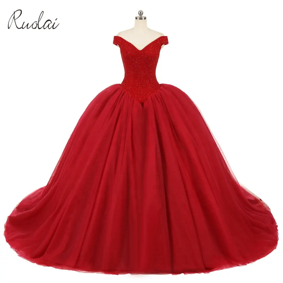 LWR0033 Luxury Princess V-neck Ball Gown Prom Dress Glitter Tulle Royal Red Beaded Quinceanera Dress