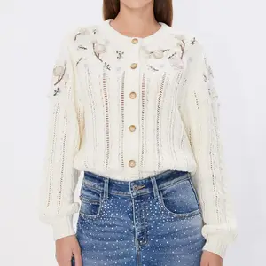 Factory direct sale Beaded Embroidered 100% cotton Knit Jacket cardigan sweater long sleeve