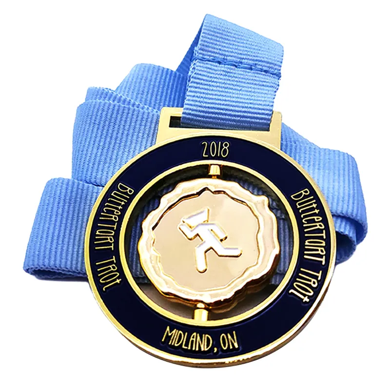 卸売No Moqカスタマイズロゴメダルシャイニーゴールドメッキソフトエナメルマラソン楽しいランニングカスタム回転可能なスピニングメダル