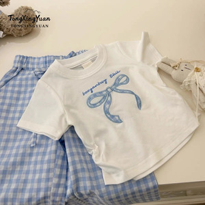 Girls Summer Set Short Sleeve T Shirt Plaid Wide Leg Pants Two Piece Breathable Casual Outfit For Kids - Product Image 2