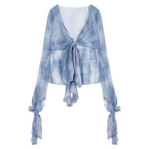 Character Print V-neck Chiffon Blouse Women <b>Long</b> <b>Sleeve</b> Blue <b>Sheer</b> Wrap <b>Top</b> Spring French Style Skinny Fit - Product Image 1