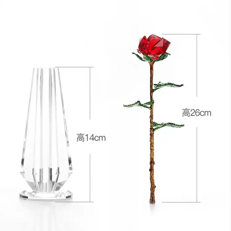 Хрустальная роза, стеклянная красная роза, цветок с зелеными листьями, Хрустальная ваза для свадебного подарка