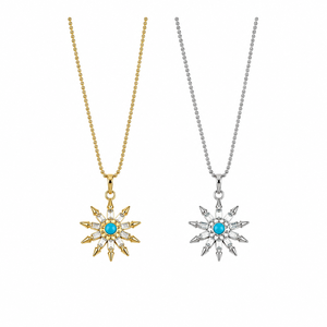 Blue Center Sunburst Necklace Stainless Steel 14K <b>Gold</b> Vacuum Plated Bead and Zircon Pendant <b>Gold</b> Silver Colors - Product Image 1
