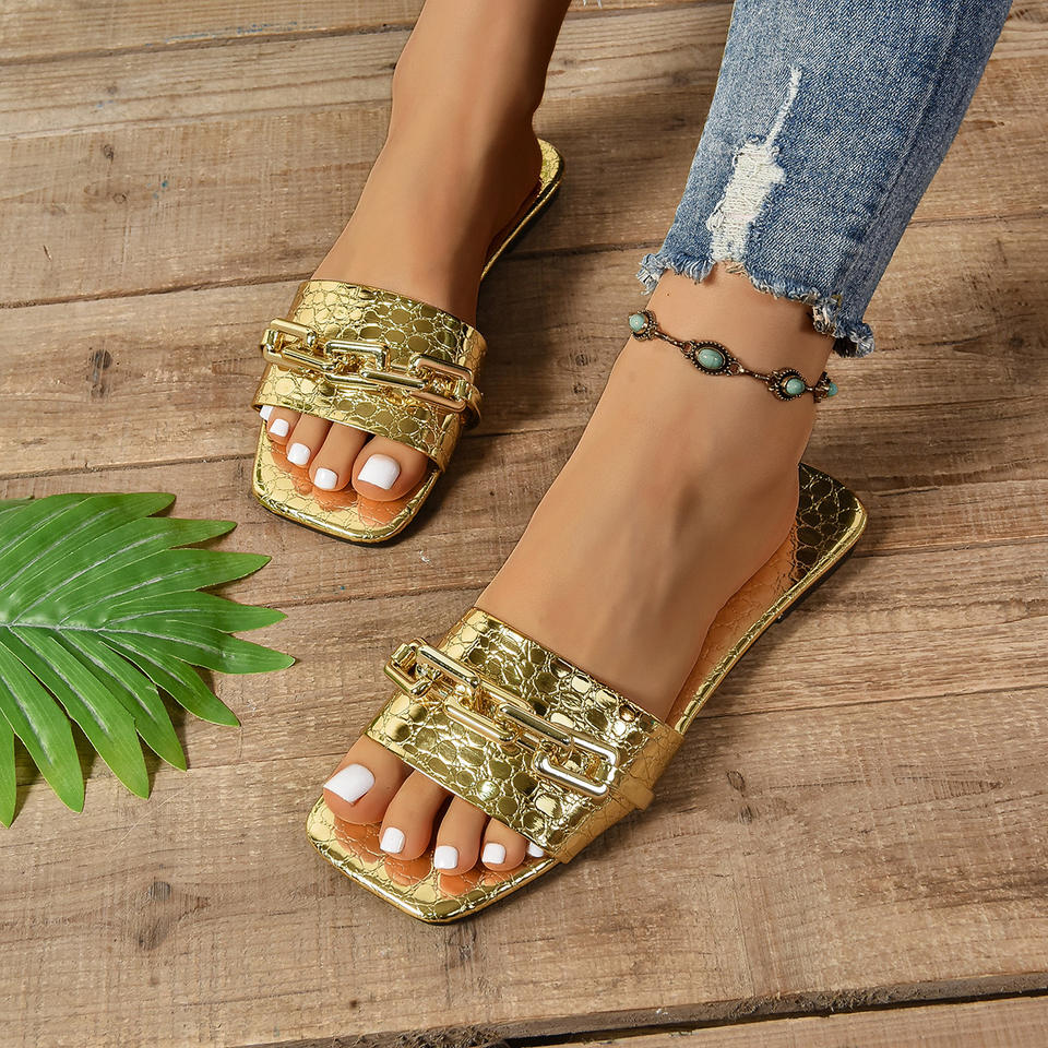 Chain Decor Women Square Toe Flat Slides, Plus Size Summer Casual One ...
