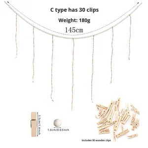 Perles rondes <span class=keywords><strong>en</strong></span> <span class=keywords><strong>bois</strong></span>, affichage de photos suspendu, corde de jute, perles de <span class=keywords><strong>bois</strong></span>, clip à glands, cadre photo, rangement, décoration murale - Product Image 4