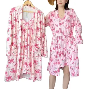 Wholesale Women's Nightgown With Bathrobe Floral Sexy Sling Nightdress With Morning Coat 2Pcs Pajamas Set Soft Cotton Lingerie