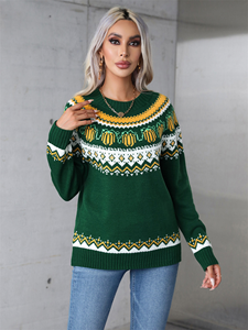 Pull en maille acrylique tricoté à la machine pour <span class=keywords><strong>femme</strong></span>, <span class=keywords><strong>col</strong></span> rond, motif Fair Isle citrouille, décontracté, pour le quotidien et les fêtes d'automne, personnalisable - Product Image 4