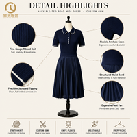 Robe mini trapèze personnalisée bleu marine unie à col polo en maille côtelée pour femme, avec corsage en maille côtelée, jupe plissée, manches courtes et bordure contrastante