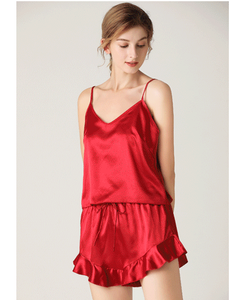 Conjunto de Pijama de Satén para Mujer, Verano, Casual, con Cordón Ajustable, Transpirable, de Manga Corta, Tejido, Color Liso - Product Image 5