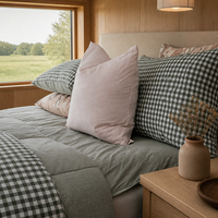 Couette tout-en-un en coton biologique pour camping-car, motif gingham vert, drap-housse à double fermeture éclair, certifiée OEKO-TEX