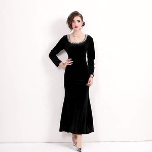 chinese dress ladies Vintage Fishtail Long Sleeve Velvet Mesh Panel Sheer Maxi Dress
