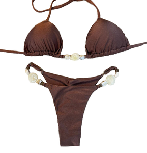 Conjunto de bikini de 2 piezas para mujer, top triangular liso y estampado con braga brasileña y almohadillas extraíbles - Product Image 1