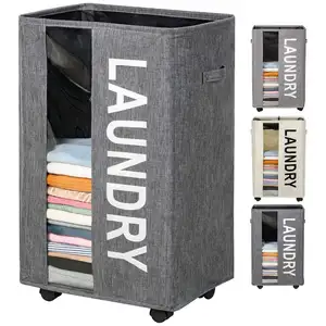 90L Extra Large <strong>Laundry</strong> <strong>Basket</strong> Hamper with <strong>Wheels</strong> Clear Window Tall Collapsible Dirty Clothes <strong>Laundry</strong> Hamper - Product Image 1