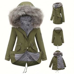 Veste chaude d'hiver longue pour femmes avec capuche en fourrure de vison manteau en laine Parka doublé polaire teint uni pour dames - Product Image 2