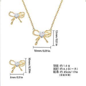 Ensemble collier et boucles d'oreilles nœud papillon perle scintillante, en alliage de cuivre serti griffe, cadeau, bijoux de mode pour femme - Product Image 5