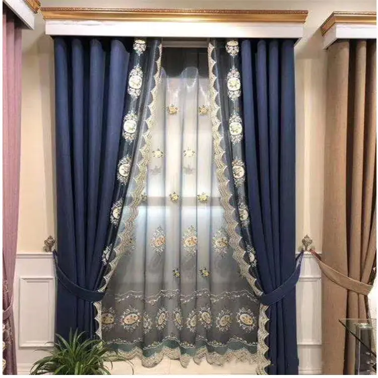 The manufacturer customizes modern, simple and fresh embroidered lace stitching herringbone shading finished curtain screens.